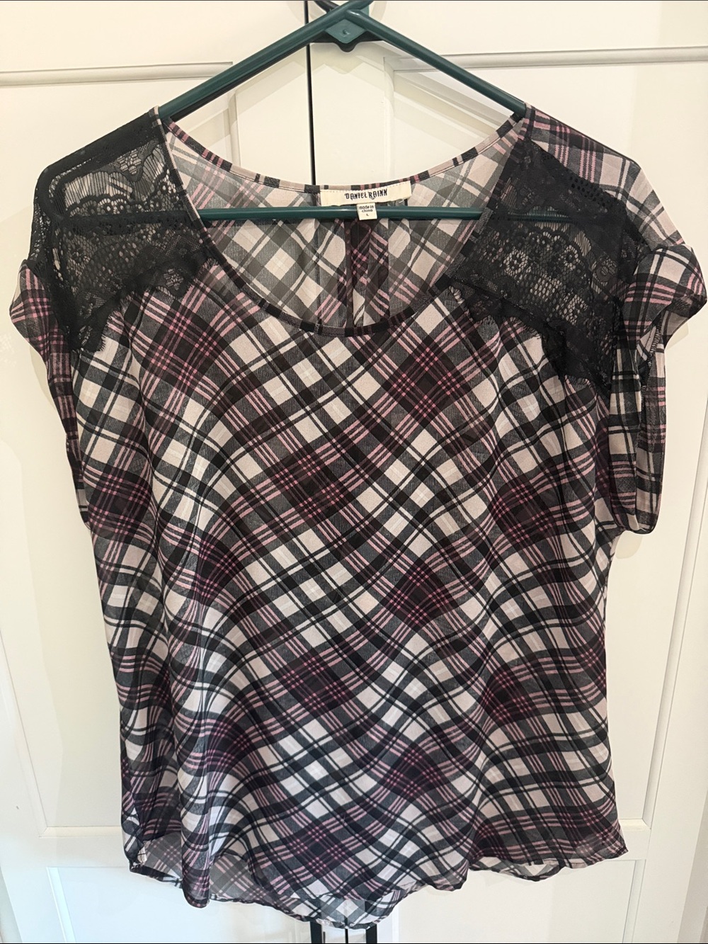 Daniel Rainn Plaid Lace Shoulder Blouse
